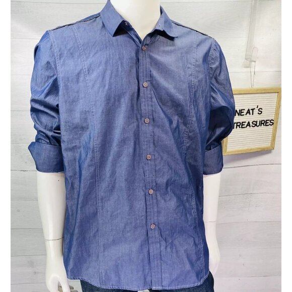INC International Concept Macys Blue Roll Tab Sleeve Shoulder Tab Shirt Sz L NEW - Picture 2 of 12